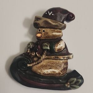 Country Style Distressed Christmas Snowman Sled Riding Red Green Acrylic Pin